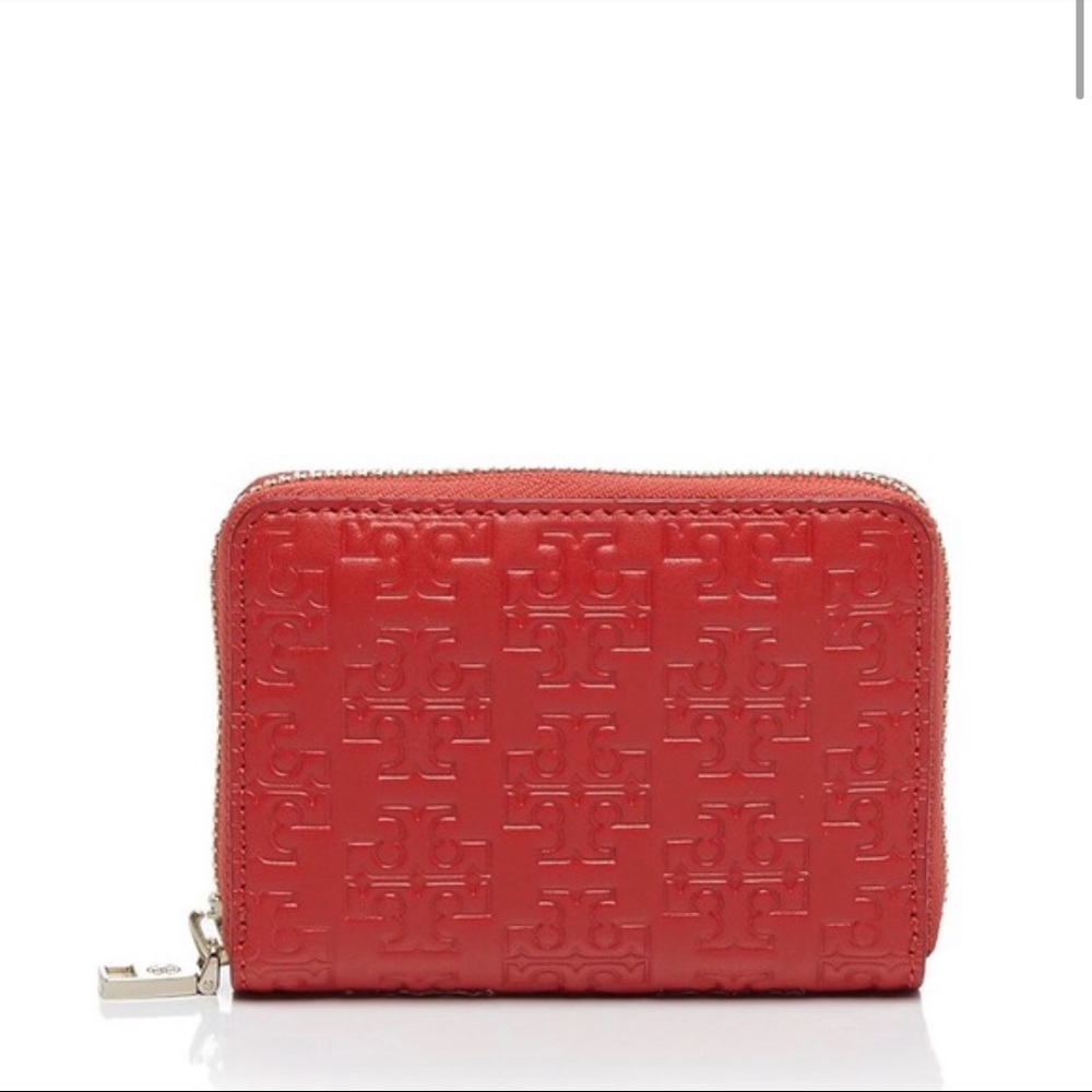 Tory Burch Embossed T Zip Coin Case in red